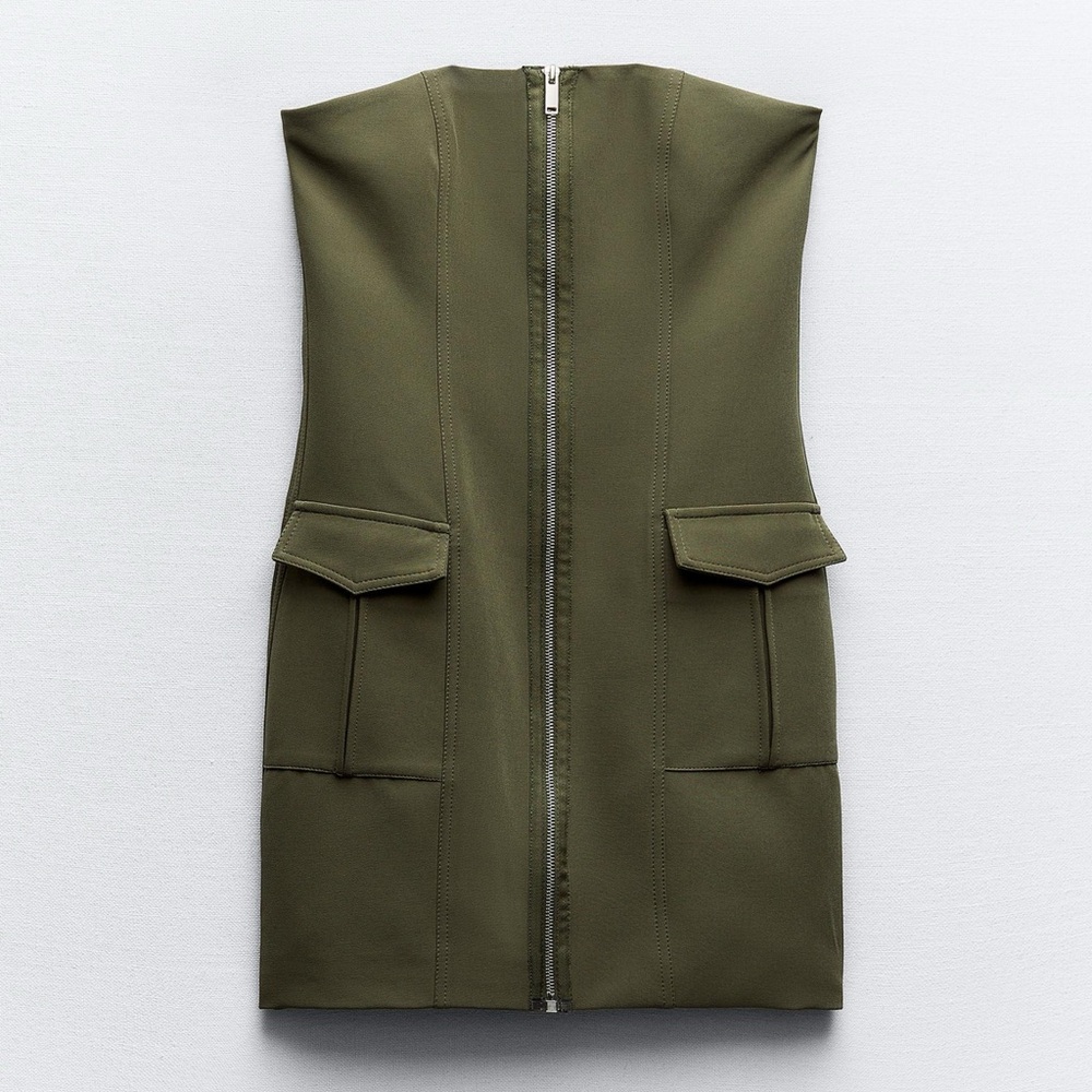 Zara Olive Green Strapless Mini Dress with Front Zip